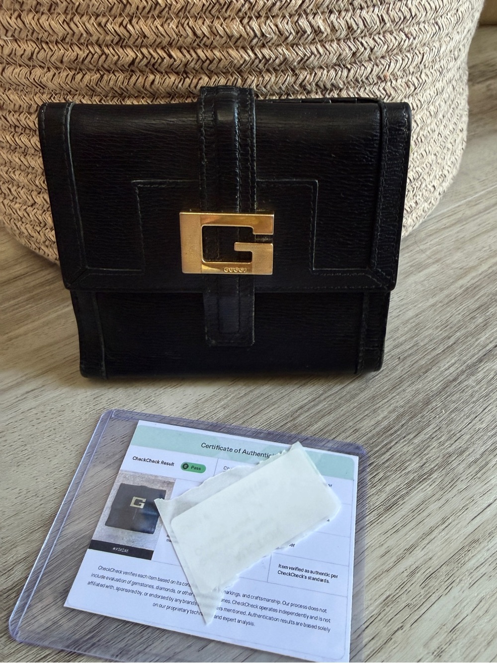 Vintage Gucci G Buckle Black Leather French Wallet Gold Hardware w/ COA